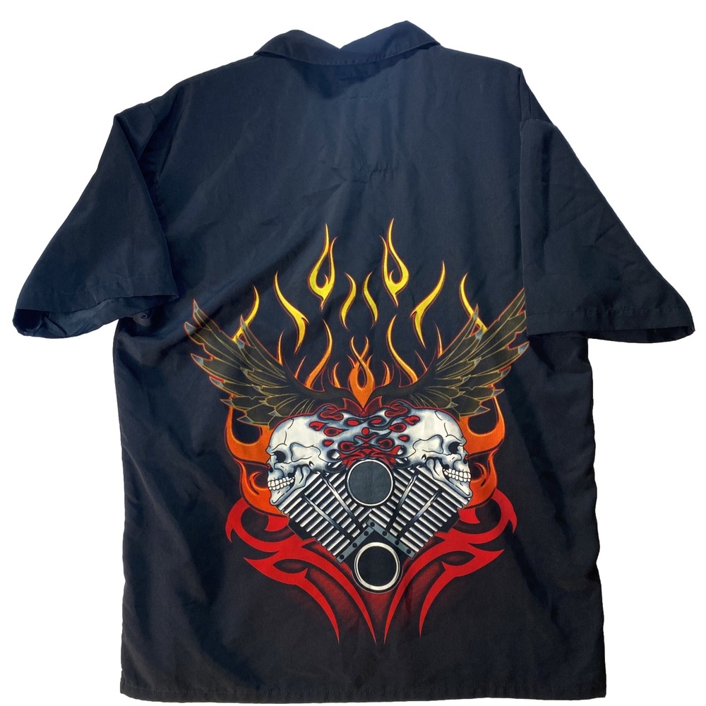 Dragonfly Skull Camp Shirt XL Biker Tribal Flames Loop Collar Bowling Asia Japan